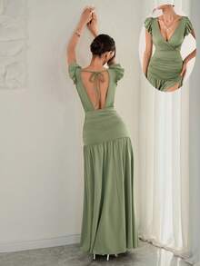 女士春夏浪漫优雅纯色长裙 - 简约优雅的女士风格，适合女士晚间约会和出席正式晚宴的长裙 - 豆綠色 - 查看 3