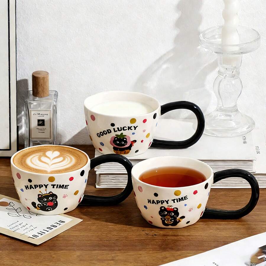 可爱动物图案长耳柄陶瓷马克杯，高品质治愈系咖啡/牛奶杯，大容量办公/家用水杯，独特可爱礼物 - 彩色 - 查看 1