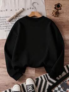 1pc Disney Valentine's Day Mickey Mouse & Minnie Mouse Heart Graphic Tween Girl Cute Sweatshirt, Soft & Comfortable, Ideal For Valentine Celebrations, School Days And Casual Outings - 黑色 - 查看 2