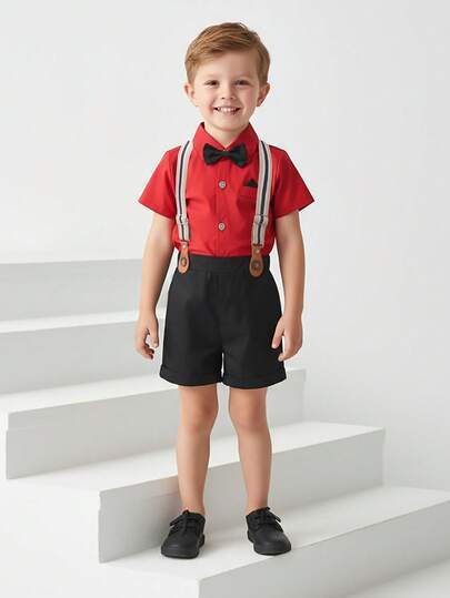 BOARNSEORL Bộ trang phục lịch lãm 2 món cho bé trai - Áo sơ mi ngắn tay kèm nơ và quần đùi yếm, thời trang và bảnh bao, phù hợp cho tiệc sinh nhật, đám cưới, lễ kỷ niệm.