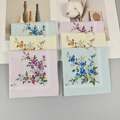 3/6条复古碎花女士手帕，蕾丝边方巾 | 柔和粉彩色系 | 独特碎花图案 | 直边设计 | 轻盈百搭，适合日常出行和特殊场合，亦可作为优雅的婚礼配饰，29.5厘米/11.5英寸