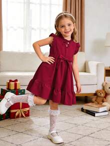 Girls' Burgundy French Style Mini Dress, Ruffle Stand Collar Front Tie, Cap Sleeve Waist Bow, Ruffle Hem A-Line Skirt - Burgundy - View 5