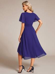 女士优雅荷叶袖褶皱雪纺伴娘礼服，婚礼宾客正式晚礼服（春季款） - 寶藍色 - 查看 3