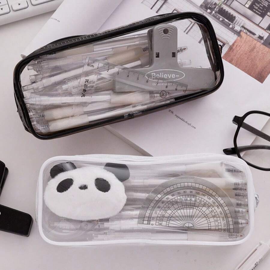 1pc Transparent Zipper Pencil Case, PVC Clear Stationery Bag, White/Black