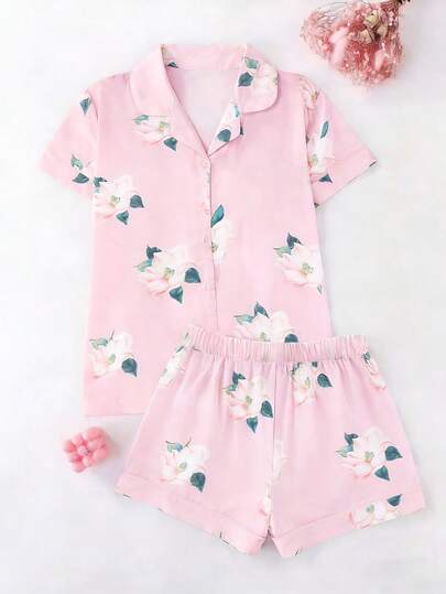 女士夏季套装，两件套，家居服印花休闲可爱纽扣短袖短裤睡衣套装，日常家居服两件套