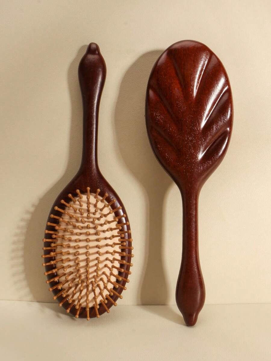 1把檀香木气垫按摩发梳，椭圆叶纹理图案长柄设计，女士美发头皮按摩梳 - 棕色 - 查看 1