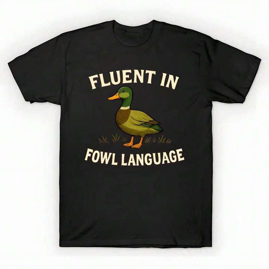 % Cotton Oversized Printed-Shirt Unisex, Solid Black Casual Graphic Tee, Summer Essential Layering Top, S-3XL Fluent In Fowl Language – Funny Duck Farmer P - màu đen - Xem 1