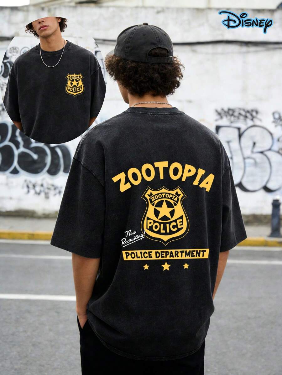 Two Side Disney Zootopia Policel Department Badge T-Shirt, Disney Zootropolis T-Shirt, Men Clothes, Summer Retro Washed Double-Sided Printed T-Shirt (230g Pure Cotton T-Shirt) Men's Casual Sports T-Shirt, Disneyland Family Matching Trip, Disney Birthday Gift,Streetwear, Party, Daily Wear, Men's And Women's T-Shirts, Perfect Gifts - 黑色 - 查看 1