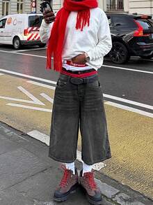 男士时尚直筒阔腿休闲宽松青春街头个性百搭运动牛仔七分裤 - 灰色 - 查看 1