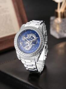 RICECGO Men's Wristwatch With 3D Embossed Dragon Pattern, Exuding Oriental Charm, Perfect Gift For New Year - Silver - View 5