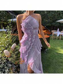 Nuevo vestido de verano con cuello halter sin mangas, encaje irregular y abertura, con sensación de alta gama para mujer - Blanco - Ver 2