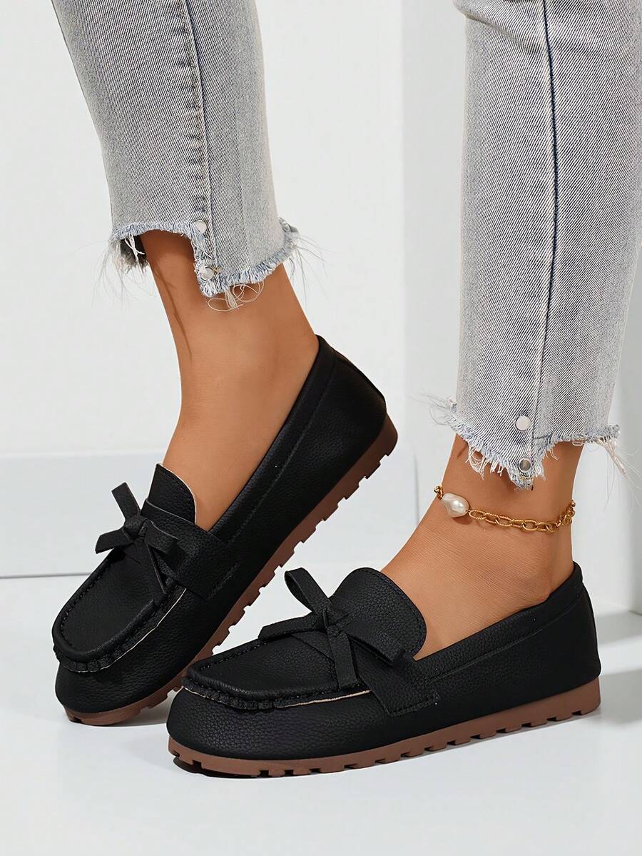 Giày lười đế bằng nữ, giày moccasin thoải mái gót thấp, giày thường ngày nhẹ nhàng đa năng cho mùa xuân/thu, kiểu buộc nơ. - màu đen - Xem 1