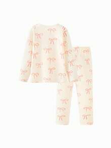 mini bala Young Girl Thermal Underwear Set, Soft & Antibacterial Fabric, Breathable, Cute Nordic Style Fall Winter Base Layer - Red and White - View 2