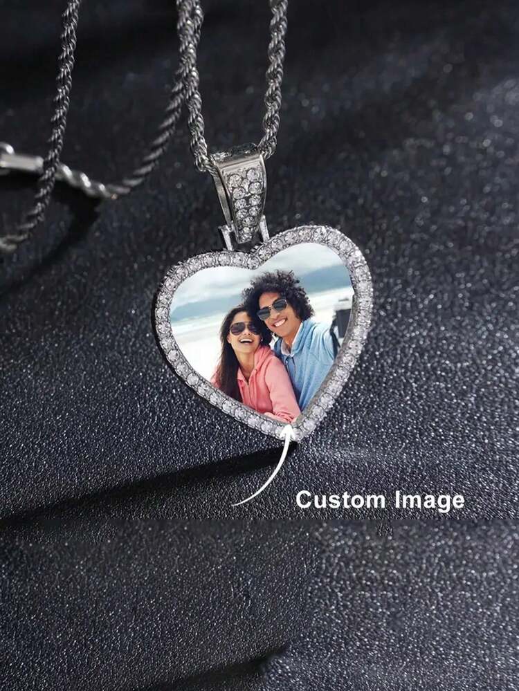Customized Heart-Shaped Pendant Necklace, Fashionable Hip-Hop Full Crystal Love Photo Locket, Couples Zinc Alloy Jewelry Inlaid With Rhinestones - Neutral Style, Ideal Gift For Boyfriend/Girlfriend, Mom, Family, Friends, Grandparents, Anniversary, Birthday, Daily Wear, Prom, Mother's Day, Valentine's Day, Graduation - Multicolor - View 5