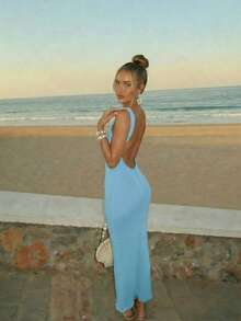 Vacation Women's Backless Sexy Elegant Sleeveless Knitted Sweater Dress Spring - Baby Blue - View 9