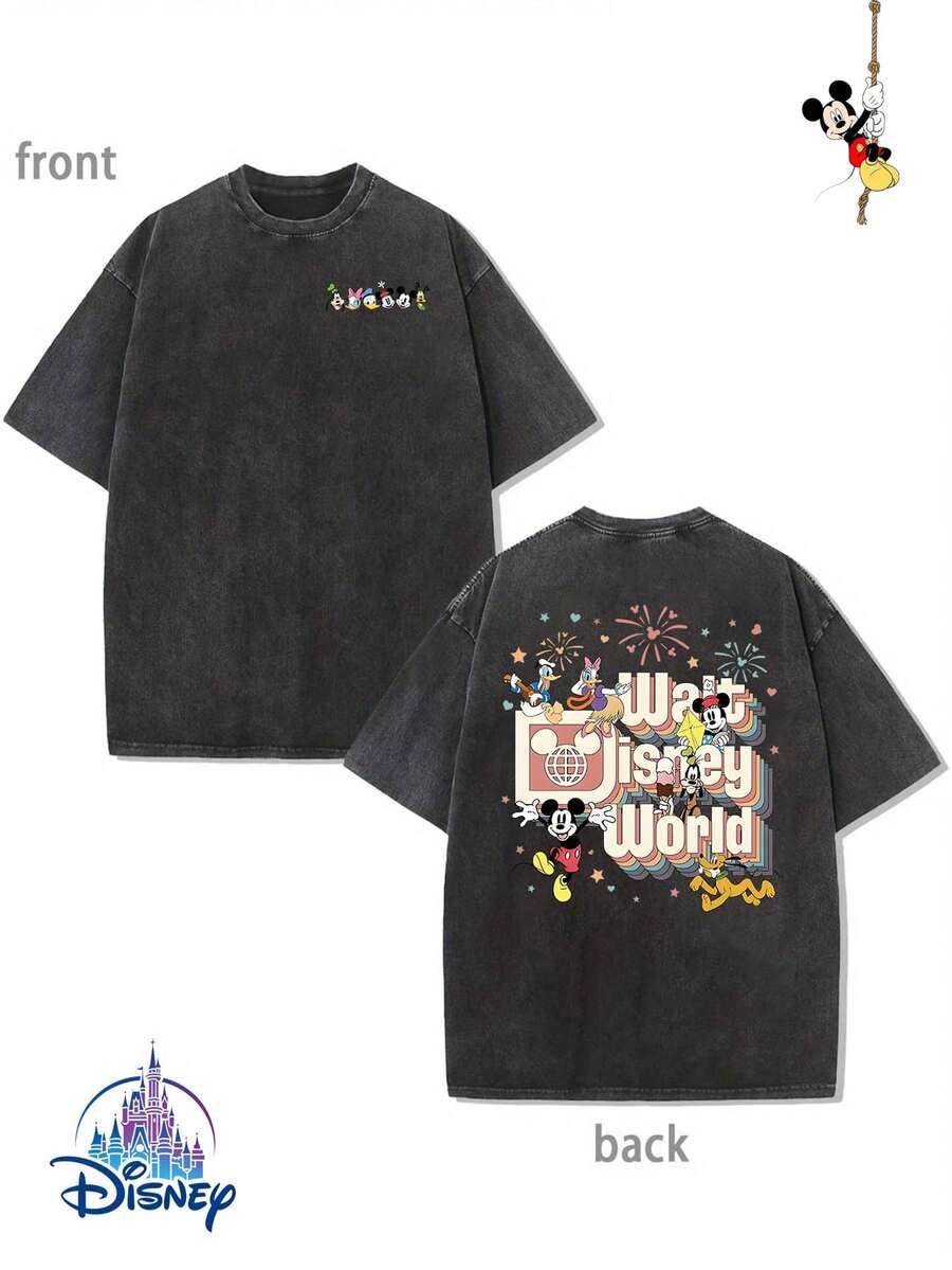 "Disney Authorized" Disneyland Retro Logo Double-Sided Printing, Genuine Authorization 1 Fashion Cartoon Short-Sleeved Design, Cartoon Short Sleeves, Men's Cotton Washed T-Shirts. Soft And Breathable, It Can Be Used As A Gift For Disney Lovers. - 黑色 - 查看 1