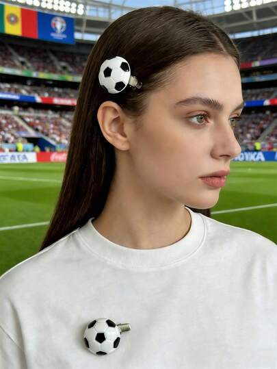 2pcs Women's Casual Fashion Football Decor Hair Clips, 2-In-1 Brooch & Hair Clip Multifunctional Hair Accessories, Suitable For Daily, Party, Styling, Sports Style, Claw Clips, Hair Slide