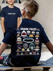 男童休闲印花圆领短袖T恤，夏季上衣 - 藏蓝色 - 查看 10