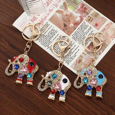 闪亮水晶大象钥匙扣，金属水钻大象包包挂饰，可爱派对礼品锌合金饰品，汽车钥匙扣批发，冬季