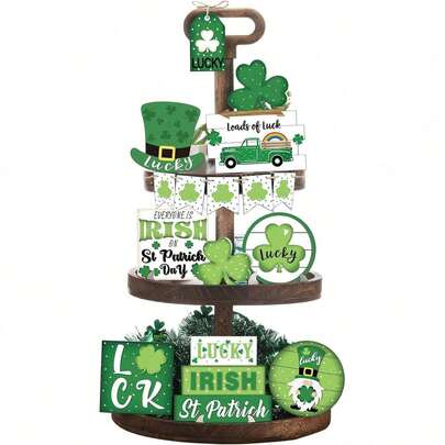 15件套圣帕特里克节多层托盘装饰，圣帕特里克节装饰品，三叶草爱尔兰木质标志幸运托盘装饰品，圣帕特里克节桌面装饰，家居装饰