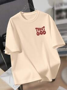 Áo thun cổ tròn in hình "Tin vào Chúa" dành cho thiếu niên nam, kiểu dáng thường ngày, thích hợp mặc mùa hè. - Màu be - Xem 2