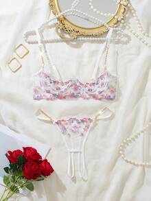 一套女士性感内衣，花卉薄纱刺绣蕾丝边饰金色链条，1/4罩杯开衩镂空设计可调节文胸和内裤，2件套 - 彩色 - 查看 4
