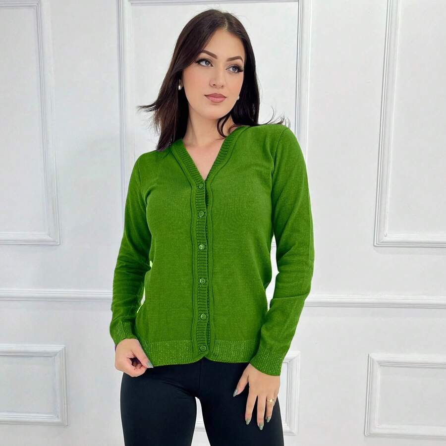 Casaquinho feminina De Tricôt Linho Fechamento Com Botão - Verde Oliva - Visão 1