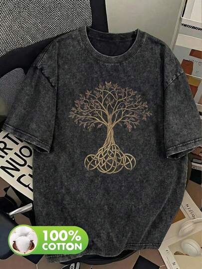 This "Alaï Select" Men's Fashion -Inspired Short-Sleeved T-Shirt Features A Washed, Distressed Black Design With A Tree Of Life Print And Celtic-Inspired Decorative Patterns. Stylish And Retro, It's Perfect For Everyday Wear, Parties, And Outdoor Activities.
