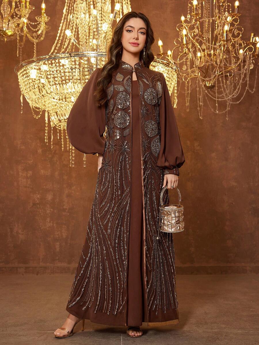 SUPGIR [Random Print] Women's Long Sleeve Sequin Patchwork Waist Tie Evening Dress - Brown - View 1