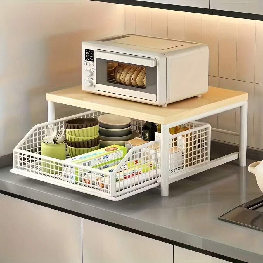1 Piece Sturdy Wooden & Metal Microwave Oven Rack With Drawer - Space-Saving Countertop Storage Shelf For Dishes, Appliances, Spices, No Electricity Needed, Fashionable Design, Kitchen Organizer With Drawer And Metal Basket