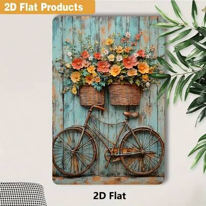 2D平面复古自行车木质墙饰，单件装 - 彩色花卉图案木质装饰品，适合作为农舍、办公室、咖啡馆或俱乐部的装饰礼品，墙面艺术标牌 | 花卉自行车设计 | 木质墙饰