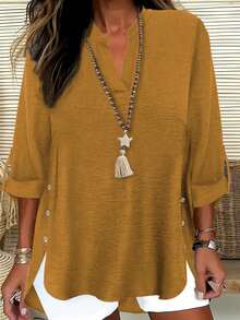 Camisa informal de talla grande con botones decorativos y cuello de solapa, para primavera - Amarillo Mostaza - Ver 3