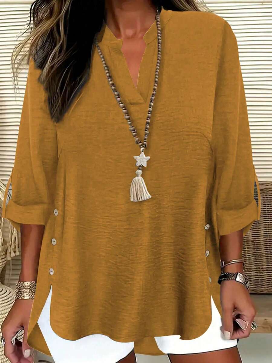 Camisa informal de talla grande con botones decorativos y cuello de solapa, para primavera