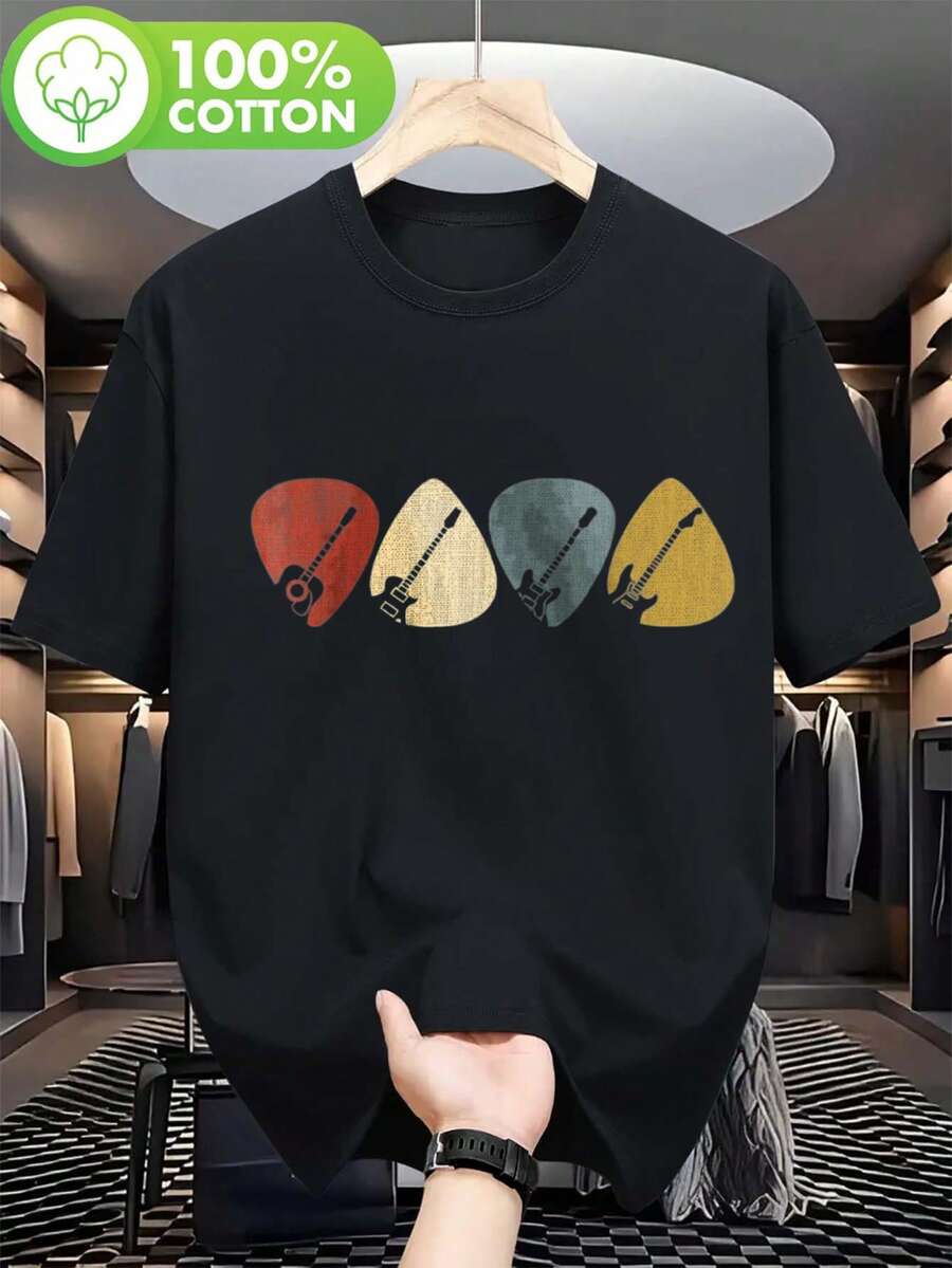 Camiseta unisex con diseño de púa de guitarra | 100% algodón, cuello redondo casual, manga corta, lavable a máquina, negra con diseño de púa de guitarra colorida, tallas S-XXL - Negro - Ver 1