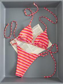 Women's Sexy Fashion Minimalist Elegant Romantic Two Pieces Casual Beach Travel Party Reversible Striped Print Halter Swimwear Set, Spring/Summer New Arrival - Orange - View 3