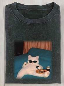 230g Washed Cat Print T-Shirt That Loves Smoking, High-Quality Wax Printed Cotton Retro Fashion Brand T-Shirt, Men's T-Shirt, Beach Must-Have, Men's Summer T-Shirt, Holiday Gift, Perfect Gift,,Graphic Tees,Vintage T Shirts,100 Percent Cotton,Camisetas Para Hombre,,Men Vacation Outfits,Summer Vacation Outfits - 黑色 - 查看 1