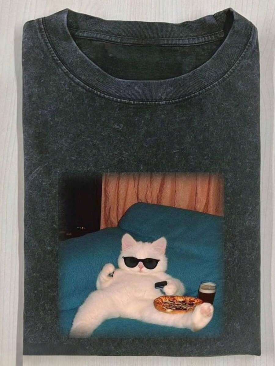 230g Washed Cat Print T-Shirt That Loves Smoking, High-Quality Wax Printed Cotton Retro Fashion Brand T-Shirt, Men's T-Shirt, Beach Must-Have, Men's Summer T-Shirt, Holiday Gift, Perfect Gift,,Graphic Tees,Vintage T Shirts,100 Percent Cotton,Camisetas Para Hombre,,Men Vacation Outfits,Summer Vacation Outfits - 黑色 - 查看 1