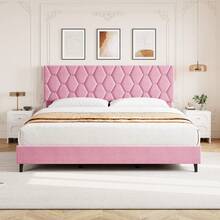 Base de cama King rosa con cabecera tapizada, plataforma resistente con listones de madera resistentes, sin somier, silenciosa y fácil de montar. - Rosa - Ver 3