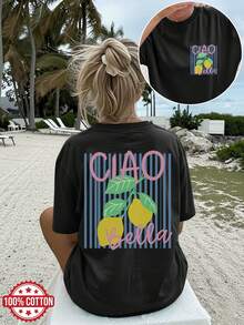 [Front And Back Print On Both Sides] Women's Spring Summer Clothing Pure Cotton Oversized T-Shirt - Black - View 7