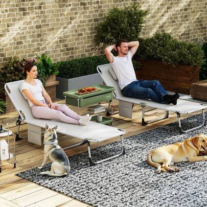 LILIIN Garden Lounger Foldable With Face Opening & Head Pillow & Side Pocket Sun Lounger Foldable & Portable Relaxation Lounger For Garden Terrace Balcony Camping Garden Lounger Up To 160 Kg Load Capacity, Light Grey/Dark Grey