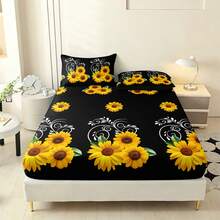 三件套黑色向日葵图案印花床单（1张床单，2个未填充枕套），2D平面印花，营造浪漫卧室氛围，卧室家居装饰，浪漫卧室床上用品必备。 - 彩色 - 查看 7