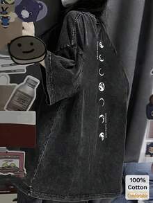 Oversized Vintage Black Washed Long Sleeve T-Shirt For Women, Moon Print Pattern Summer Casual - Black - View 1