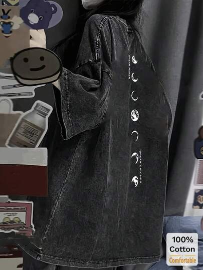 Oversized Vintage Black Washed Long Sleeve T-Shirt For Women, Moon Print Pattern