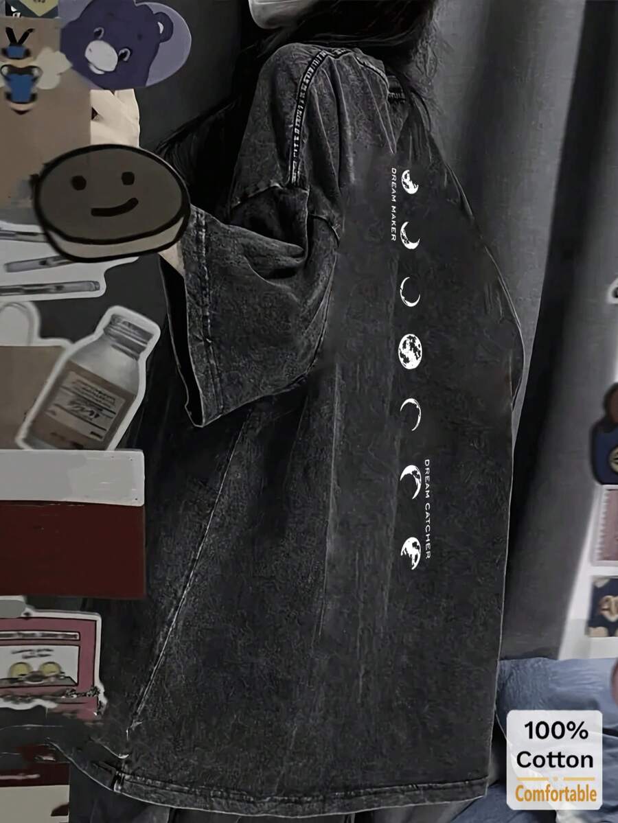 Oversized Vintage Black Washed Long Sleeve T-Shirt For Women, Moon Print Pattern Summer Casual - Black - View 1