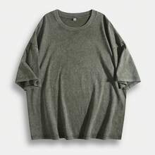 American Retro Style, 230g Heavyweight Washed Distressed Short-Sleeved T-Shirt For Men. High-Weight Pure Cotton, Thick And Opaque, With A Snowflake Wash Process. Loose, Drop-Shoulder, Oversized Fit. Street Style, Versatile, Basic, Suitable For Everyday Wear, Commuting, And Casual Wear. - 綠色 - 查看 13