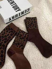 1/3 双新款秋冬豹纹咖啡棕色女士中筒袜韩版时尚四季百搭 - 彩色 - 查看 7