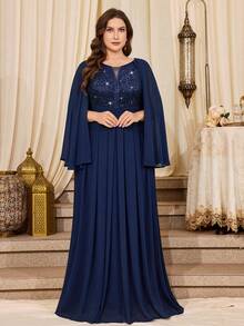 Vestido Longo de Chiffon com Decote V Profundo, Renda Floral com Lantejoulas, Bainha com Babado Contrastante, Adequado para Bailes, Festas Formais, Convidados de Casamento, Ocasiões Formais, Cerimônias de Formatura, Galas, Etc. Primavera - Azul Marinho - Visão 7