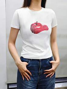 女士短袖T恤，美式风格，苹果印花，时尚休闲露脐上衣 - 白色 - 查看 2