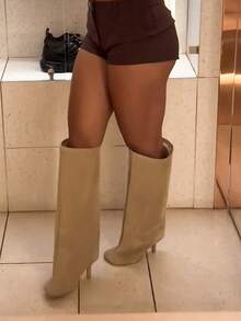 Women's Knee High Boots Slouchy Suede Stiletto Boots Kitten Heel  Wide-Calf Square Toe Long Boots Pull On Stiletto Heels Tall Boots For Women - 杏色 - 查看 5
