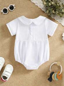 Baby Boys Girls Cotton Romper  Short Sleeve Peter Pan Collar Bodysuit With Button Closure Baptism Christening Outfit For 0-18M - trắng - Xem 1